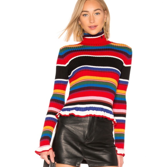 MSGM Sweaters - MSGM Striped Turtleneck Sweater Ruffle Sleeves Rainbow Wool NEW